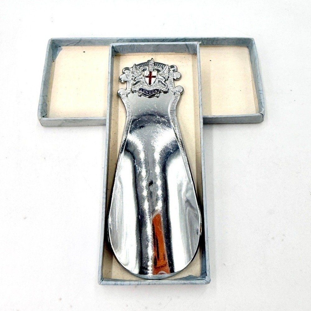 Vintage Squire London Shoe Horn Silver Enamel Crest Made in England Box
